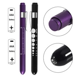 ALMOCN 2 Pack Pen Light,Nurse Medical Reusable LED Penlight White Light with Pupil Gauge and Ruler,Black and Purple