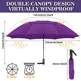 ZOMAKE Large Foldable Golf Umbrella - 54 Inch Umbrella, Large, Storm Resistant for Rain, Automatic Double Cap, Ventilated Umbrellas for Women and Men (Purple)