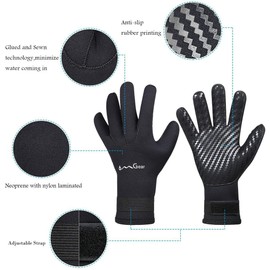 OMGear Neoprene Gloves Diving Wetsuit Gloves 3mm 5mm Glued Anti-Slip Flexible Thermal with Adjustable Waist Strap for Snorkeling Scuba Diving Surfing Kayaking Rafting Spearfishing Sailing (Black, L)