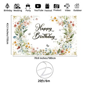 Avezano Floral Birthday Backdrop for Girls Spring Butterfly Happy Birthday Photography Background Greenery Wildflower Birthday Banner 70.8 x 43.3 Inch