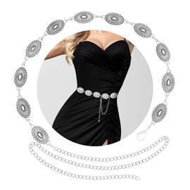 JFGDVW Western Metal Concho Belt, Women Boho Chain Belt, Adjustable Metal Cowgirl Chain, For Dress (Silver)