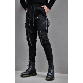 MOKEWEN Men's Loose Buckle Straps Ankle Band Casual Cargo Joggers Pants with Pocket Black W29-30