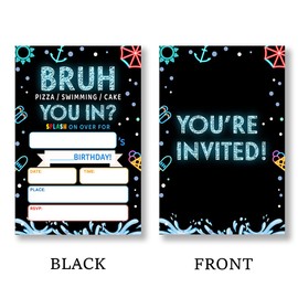 QZJ Boy Pool Birthday Party Invitation Supplies with Envelopes Set of 20 Bruh Neon Birthday Invitation Fill in Blank, Double Sided