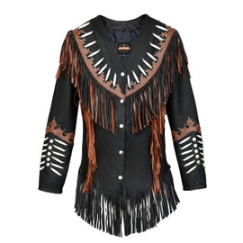 Quality Supply Women Traditional 100% Genuine Cowhide leather Western Cowgirl Jacket | Native American Coat with Beads Fringe (as1, alpha, xx_l, regular, regular, Black & Brown)