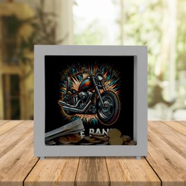 Chopper Motorcycle Frame Money Box Made of Wood with Saying Bike Bank Shiny Metal Shine Chrome Exhaust Custom Bike Highlight Saving in Two-Wheel Style
