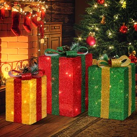 DomKom Set of 3 Tall Rectangular Christmas Lighted Gift Boxes - 60 LED Lighted Christmas Box - Light Up Xmas Tree Skirt Ornament Outdoor/Indoor Vertical Yard & Porch Decor