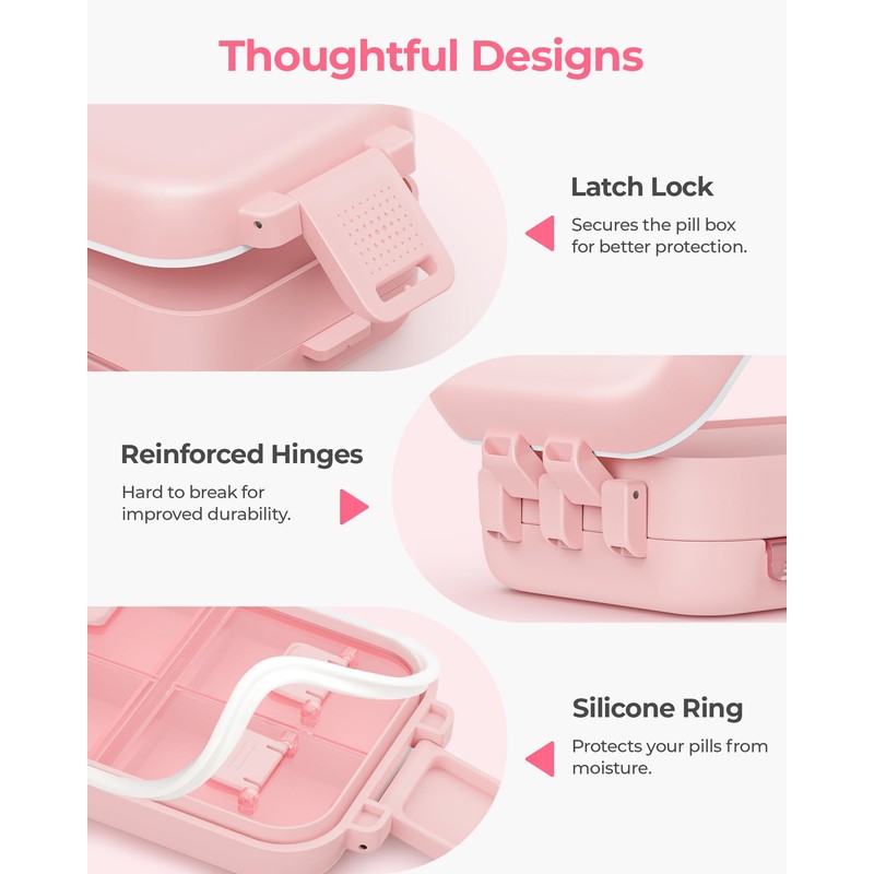 AMOOS Compact 3-Layer Travel Pill Organizer, Cute Pill Box Case