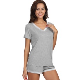 GYS Womens Bamboo Viscose Pajamas Shorts Set V-neck Short Sleeve Sleepwear, Heather Grey, Large