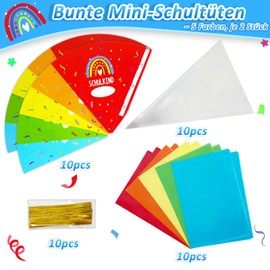 YUNYAKARSA Pack of 10 School Cones Boys Girls 28 cm Siblings School Cone, Small Sugar Cone Small School Cone Girls Boys, Mini School Cone for Filling, Colourful Sugar Bag Boys Girls