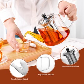 Ehugos Glass teapot with infuser, Ehugos 1000ml(33oz) Stovetop Safe Hand Crafted Clear Glass Teapot with Removable Infuser for Loose Leaf Tea and Blooming Tea