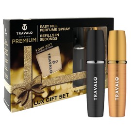 Travalo Lux Perfume Atomizer Gift Set Black & Gold - 2 Pc Leak-Proof, Airtight, Easy to Fill Mini Spray Bottles - Travel Size Perfume Refill Bottle with Polished Metal Alloy Outer Shell