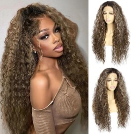 SAPPHIREWIGS Peluca sintética rizada marrón con encaje frontal para mujer, peluca rizada profunda sin pegamento, con reflejos en marrón té y raíces, f
