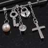 'Simulated Pearl, Cross, Lock&Key' Safety Pin Brooch In Rhodium Plated