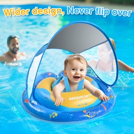 Extra Wide Toddler Pool Float,Anti-Rollover Design Infant Swim Float,Baby Floaties 6-12 Months,Baby Float with Canopy Removable UPF50+ Sun Protection,Adjustable Safety Seat,Toddler Floaties (Blue)