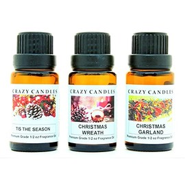 Crazy Candles 3 Bottles Set, 1 Tis The Season, 1 Christmas Wreath, 1 Christmas Garland 1/2 Fl Oz Each (15ml) Premium Grade Scented Fragrance Oils