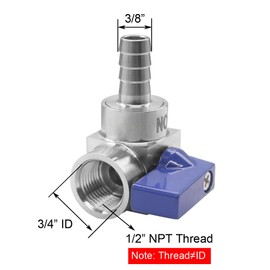 BesNPT Stainless Steel 90 Degrees Elbow Ball Valve 3/8" Barb x 1/2" NPT Female Shut Off Valve for Water Fuel Air