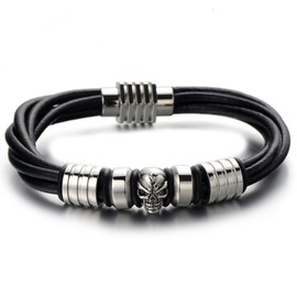 COOLSTEELANDBEYOND Mens Skull Black Leather Bracelet Genuine Leather Wristband Bangle with Stainless Steel Magnetic Clasp