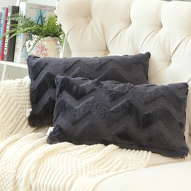 Fosiktig Throw Pillow Covers Set of 2,Navy Blue Winter Pillow Covers Decorative Farmhouse Couch Cushion Cover Faux Fur Cream Boho Pillowcases for Car Sofa Bedroom Home Decor,12x20 Inch
