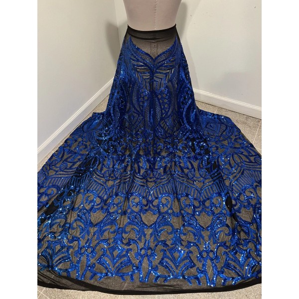 wowfabric4less123 Royal Black 4way stretch sequins Embroidery Mesh Lace fabric