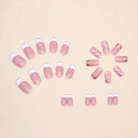 Pink Valentine’s Day Press on Nails Short Square Fake Nails French Tip False Nails with Heart Designs Acrylic Nails Press ons Full Cover Glue on Nails Valentine’s Day Stick on Nails for Women