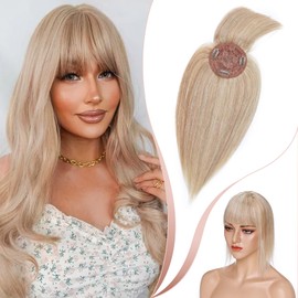 Elailite Real Human Hair Toppers for Thinning Hair Women with Bangs - Invisible Hairpiece Crown Clip in Extension (#18/613 Ash Blonde Mix Bleach Blonde, 12 inch)