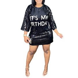 ALLUMK Women Fashion Bling Sequin T Shirt Dress Letter Print Party Club Mini Dresses Black XL
