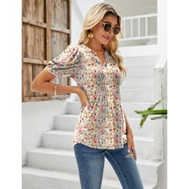 EFFAN Womens Tops Short Sleeve V Neck Pleated T Shirts Casual Floral Printed Longline Tunic Blouse Floral White XL (UK 18-20)