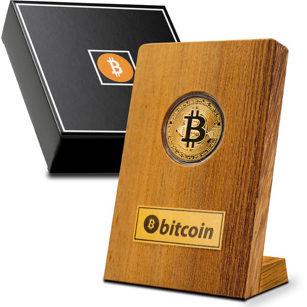 PYEF CRAFTS Bitcoin Coin with Exclusive Wooden Carrier - Gold Coin Physical Bitcoin - Collector's Coin with Exclusive Box Bitcoin, Ethereum, Dogecoin, Cardano (Bitcoin)