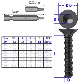 TXXATX Pack of 30 Countersunk Screws M4 Stainless Steel A2 V2A Countersunk Torx Screws M4 x 10 mm Machine Screws Black Screw Furniture Screws Stainless Steel Screws Flat Head Screws with T20 Torx Bit