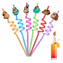 Ulife Mall Capybara Decorative Straws, Pack of 6 Reusable Drinking Straws, Novelty Cartoon Animal Party Straws, Curly Hard Plastic Straws, Children's Birthday Decorations Supplies Family Reunions
