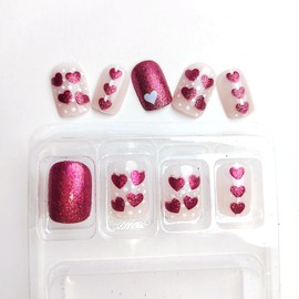 Pink Glitter Love Heart Press on Nails Short Square Valentines Day Fake Nails with Glue Pink Glitter Love Heart Design False Nails Valentine Glue on Nails Heart Stick on Nails for Women Girls 24Pcs