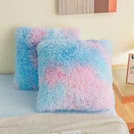 HAIHUA Faux Fur Tie Dye Fluffy Pillow case, Soft Tie Dye Decorative Fuzzy Pillow case, Fluffy Pillow Covers for Home Bedroom Living Room, Zipper Closure, Set of 2 (Tie Dye Blue, 18"x 18")