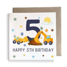 Second Ave 5th Birthday Age 5 Children's Kids Baby Digger Square Card For Boy or Girl Birthday