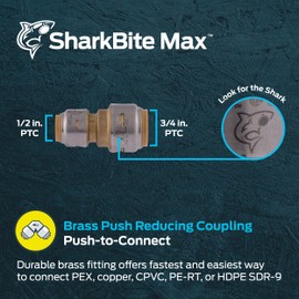 SharkBite Max 3/4 Inch x 1/2 Inch Reducing Coupling, Push to Connect Brass Plumbing Fitting, PEX Pipe, Copper, CPVC, PE-RT, HDPE, UR058A