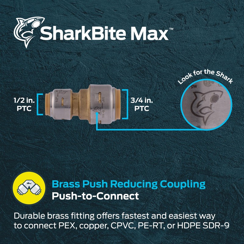 SharkBite Max 3/4 Inch x 1/2 Inch Reducing Coupling, Push