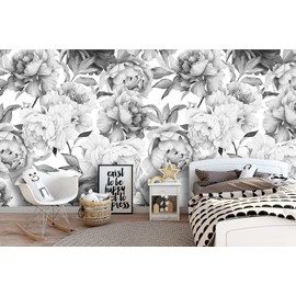 Coloritto Removable Peel 'n Stick Wallpaper, Self-Adhesive Wall Mural, Watercolor Floral Pattern, Nursery Decor, Custom Color • Peonies Grey 'n White (Sample 12" W x 8" H)
