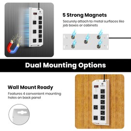 Magnetic Heavy Duty 20A Power Strip with Surge Protector, 9-Outlet Metal Junction Box with 6FT 12/3 Gauge Cord, for Garage, Workshop & Appliance (Silver)