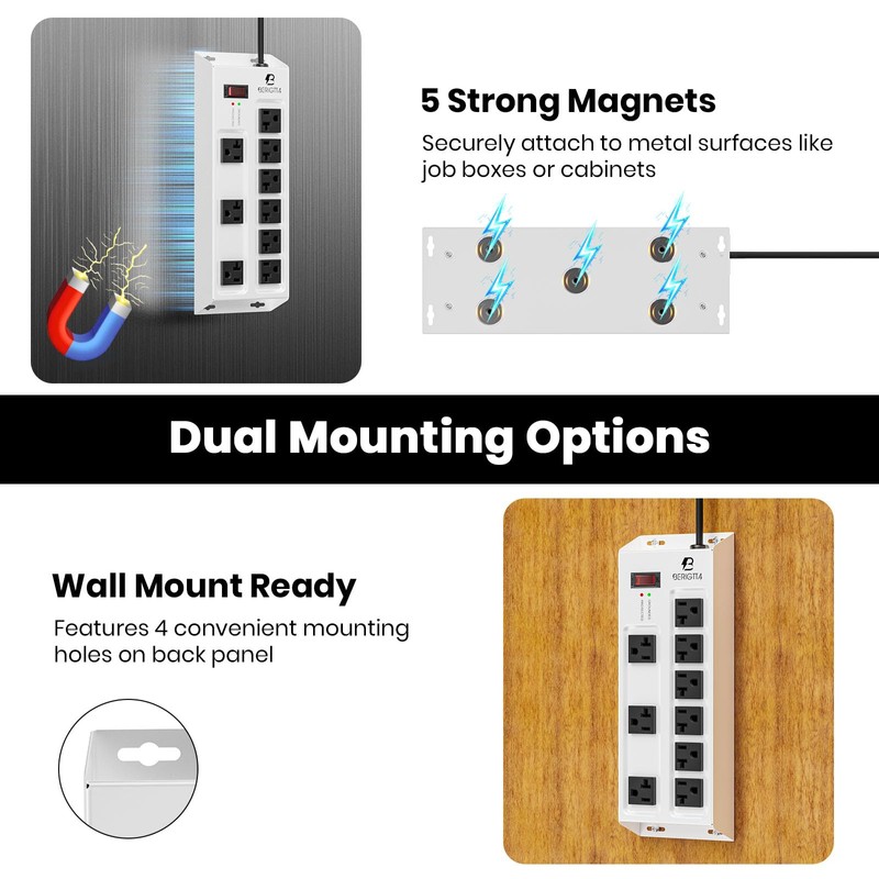 Magnetic Heavy Duty 20A Power Strip with Surge Protector, 9-Outlet