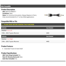 Marketplace Auto Parts Front CV Axle Assembly - Extended Travel - Compatible with 1996-2002 Toyota 4Runner 4WD (For Extreme Articulation, Replace in Pairs, Recommended for 3-Inch or Less Lift)