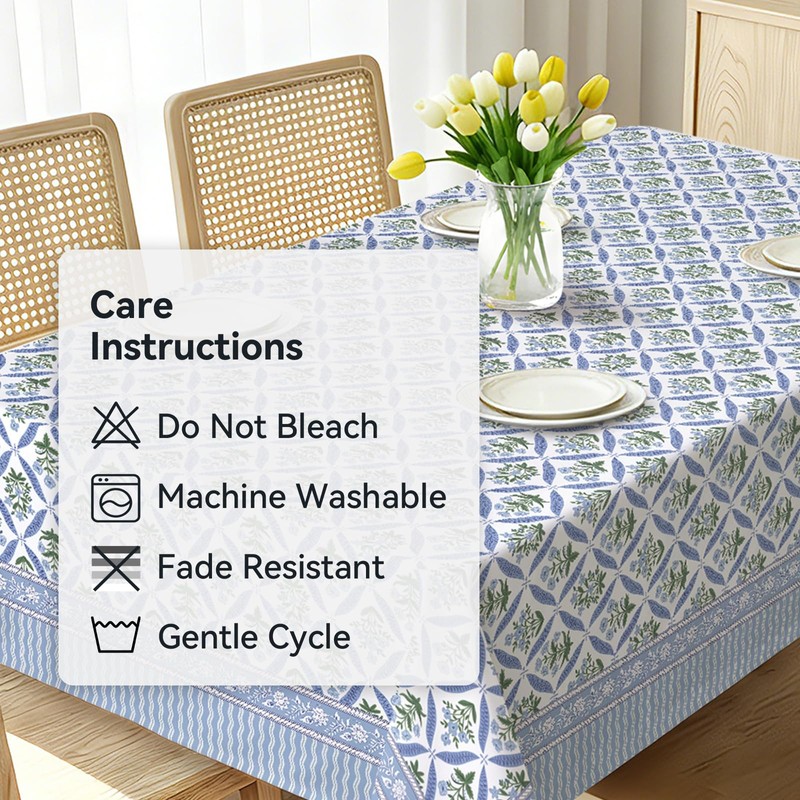 hometrixx Block Print Floral Washable Rectangle Table Cloth Blue 140x180cm