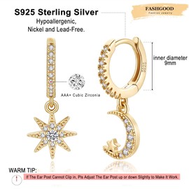 FASHGOOD 925 Sterling Silver Hoop Earrings for Women,Moon and Star Dangle Earrings for Girls, Gold Small Hoop Drop Earring,Birthday Chastmas Gifts for Daughter Mother