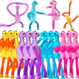 12 Pack Strong Suction Sensory Toys, Pop Tubes Fidget Dinosaur with Telescopic Design, Autism ADHD Stress Relief Toys Kids Creative Learning Toy, Boys Girls Party Favors Toys