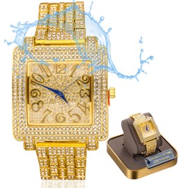 Halukakah Moissanite Diamond Gold Watch for Men, Luxury 18 Carat Real Gold/Platinum White Gold Plated, Basic Waterproof, Artistic Dial, Extra Large Square, Iced Out, 24 cm Bracelet, Gift Box Included,