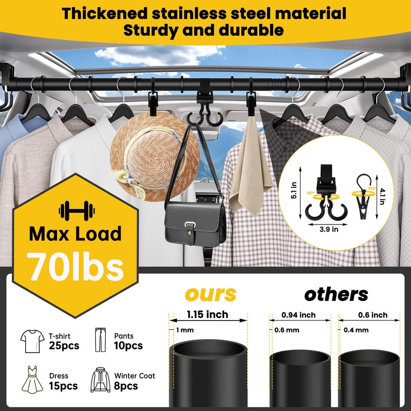 Heavy Duty Car Clothes Hanger Bar 30-64 inches, 4Pcs Additional