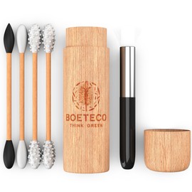 BOETECO Bamboo Reusable qtip Ear Swab and Makeup Swabs Kit. 1 Case with 4 Reusable Silicone Cotton Swabs for Ears, Baby, Beauty