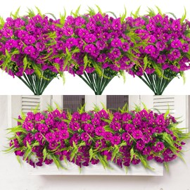 HIAGROW Artificial Flowers Outdoors 12 Bundles Artificial Petunias Fake Flowers UV Resistant Shrubs Plants with Fern for Indoor Outside Hanging Planters Home Garden Summer Decorations (Magenta)