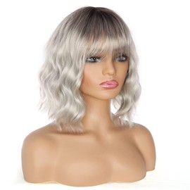 PORSMEER Short Pastel Wavy Bob Ombre Silver Wig with Fringe Natural Looking Synthetic Hair Grey Wigs for Women Girls Party Or Daily Wear