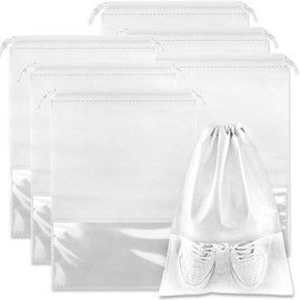 Acehome 6 Pack Large Travel Shoe Bag, Portable Drawstring Shoes Storage Bags Non-Woven Dust Proof Pouch Space Saving Organizer with Transparent Slot for Men Women Daily and Travel Use (White)