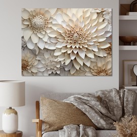 DesignQ Dahlia Wall art decor, Dahlia Wall Art, Beige Petals In Minimalist Dahlia, beige Canvas wall art, 40x30 inches