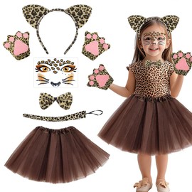 O'meFun O'meFun Leoparden Kostüm Kinder, 6-Teiliges Karneval Kostüm Kinder 6 Pcs, Leoparden Ohren Haarreif Schwanz Fliege Handschuhe Tutu Rock Leopard Gesichtstattoo für Fasching Karneval Party Cosplay